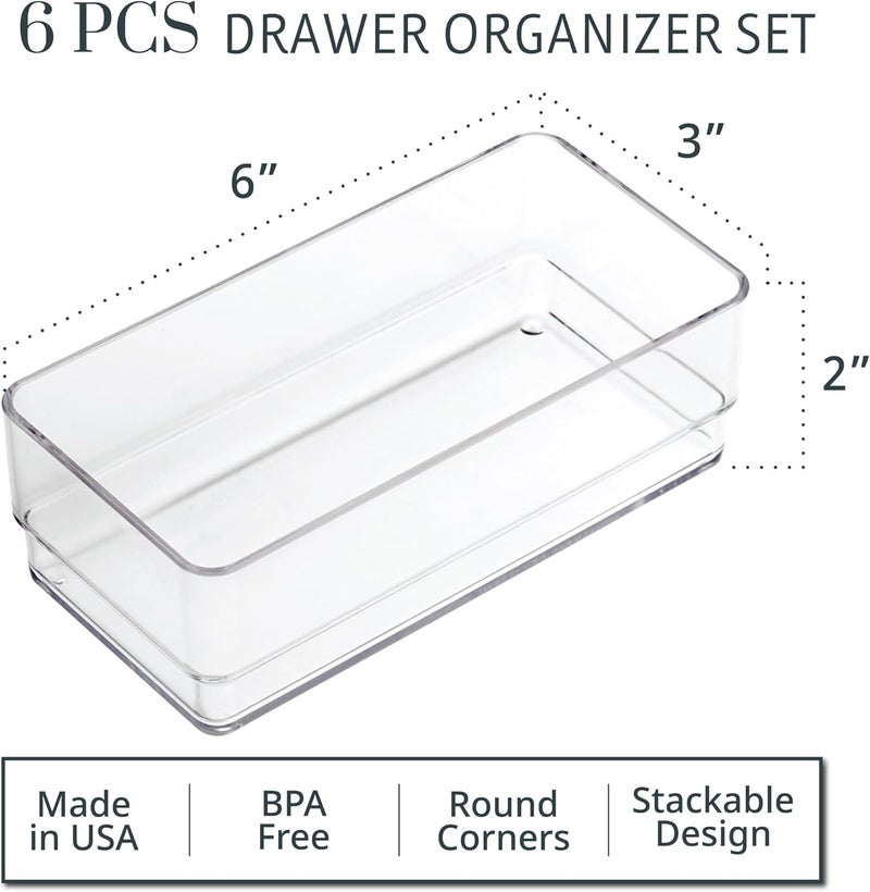 STORi SimpleSort 6-Piece Stackable Clear Drawer Organizer Set | 6" x 3" x 2" Rectangle Trays | Small Makeup Vanity Storage Bins and Office Desk Drawer Dividers | Made in USA - Image 2